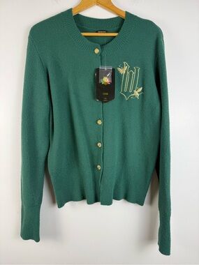 Wicked Emerald Green Button-Front Cardigan with Gold W Embroidery